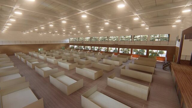 災害　避難所　体育館　ダンボールベッド 3DCGアニメーション