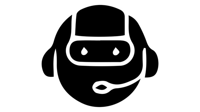 Minimalist robot head icon with headset, black and white android customer service avatar, futuristic artificial intelligence bot vector
