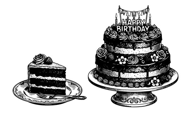 Gourmet birthday cake dessert sketch vector hand drawn black and white ink drawing pastry isolated