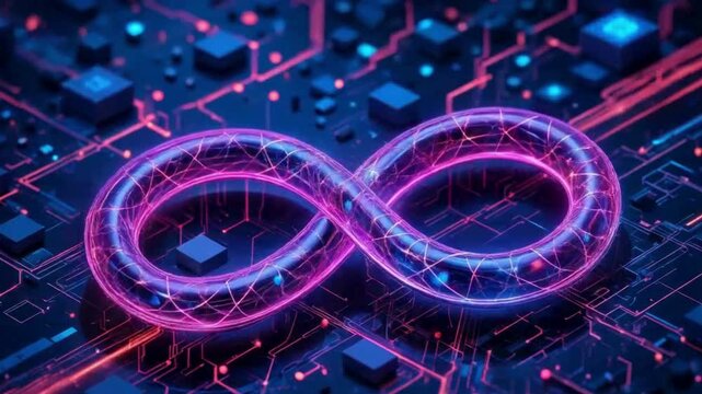 A glowing neon infinity symbol intertwined with circuits, representing endless technology and digital connectivity on a futuristic motherboard.	 video
