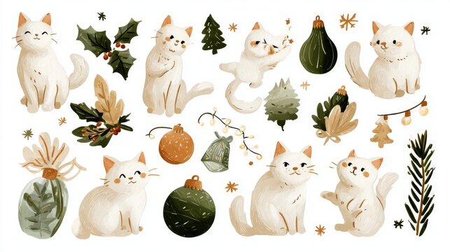 56.Seasonal clipart collection of cute cats celebrating Christmas, festive props like ornaments and lights, clean vector illustration, joyful holiday mood