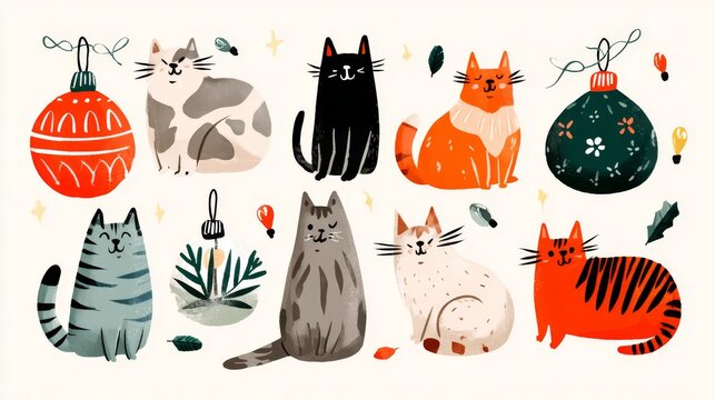 56.Seasonal clipart collection of cute cats celebrating Christmas, festive props like ornaments and lights, clean vector illustration, joyful holiday mood