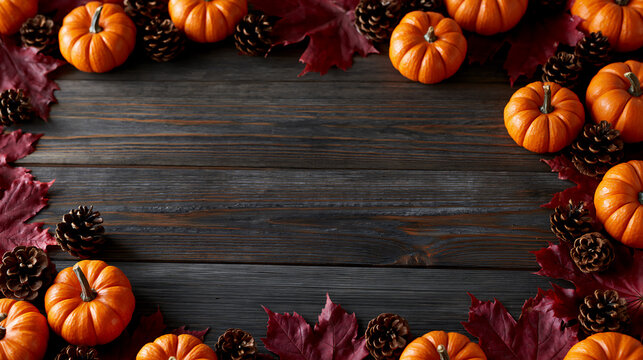 Autumn background frame with mini pumpkins pinecones and red maple leaves on dark wood