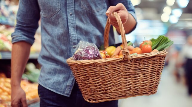 93.Concept = Cropped image of handsome man with market basket shopping at supermarket