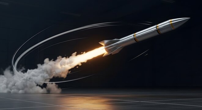 Powerful silver missile launching with fiery exhaust and smoke indoors, symbolizing speed and breakthrough.
