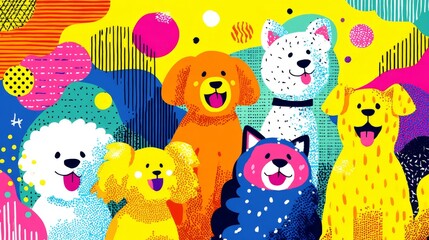Naklejka premium 35.Colorful dog themed vector background with playful dogs and decorative shapes, flat illustration style, event and party celebration concept