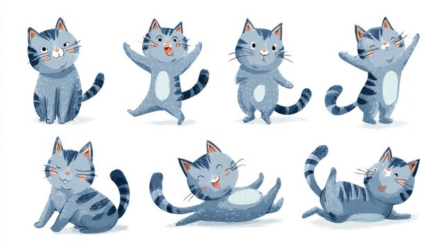 2.Cute domestic cat sticker set in flat cartoon vector style, multiple poses and actions, clean white background, friendly pet illustration collection