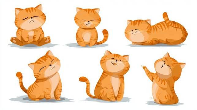 2.Cute domestic cat sticker set in flat cartoon vector style, multiple poses and actions, clean white background, friendly pet illustration collection