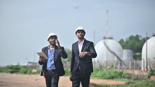 Engineers wearing safety gear, including hard hats examining survey a large blueprint tablet standing industrial facility gas or oil refinery engaged in a job requires high safety standards concept.	