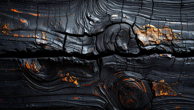Flat bird eye view of porcelain planks mimicking charred shou sugi ban wood featuring black carbonized texture with deep cracks generative AI