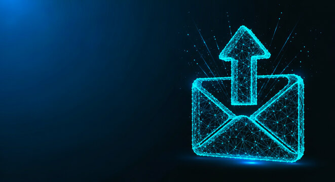 Glowing blue digital wireframe envelope icon with an upward arrow representing email transmission and connectivity