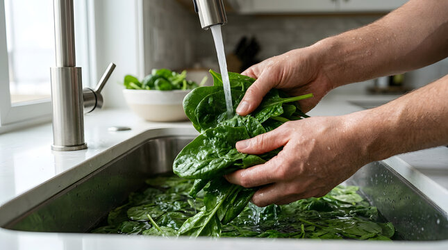 Person washing fresh green spinach leaves under running kitchen sink water.