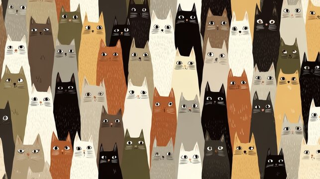 66.Continuous pattern of charming cats arranged evenly, flat illustration style, clean vector background for fabric and wallpaper
