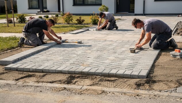 Medium shot of a crew skillfully laying interlocking pavers in a herringbone pattern on a smooth compacted sand base enhancing a residential block driveways durability and style.