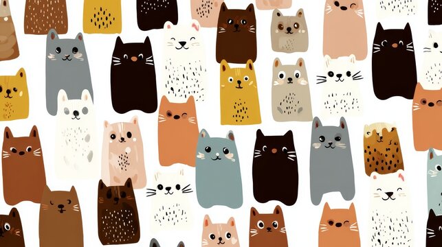 66.Continuous pattern of charming cats arranged evenly, flat illustration style, clean vector background for fabric and wallpaper