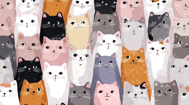66.Continuous pattern of charming cats arranged evenly, flat illustration style, clean vector background for fabric and wallpaper