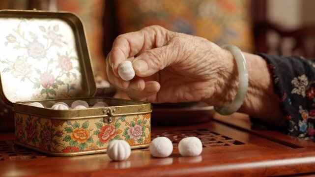 Elderly Hand Reaches into Decorative Vintage Box, Retrieving Small Round Objects, Evoking Nostalgia with Floral Patterns and Warmth