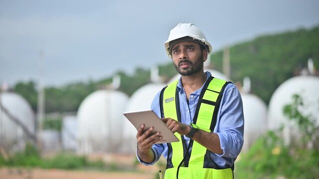 Engineers wearing safety gear, including hard hats examining survey a large blueprint tablet standing industrial facility gas or oil refinery engaged in a job requires high safety standards concept.	