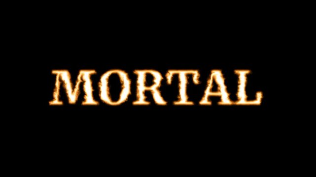A haunting text logo displaying the word MORTAL in bold golden fiery letters against a deep black dramatic shadowy background