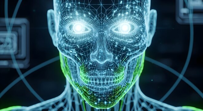 Futuristic cyborg head, glowing blue circuit, neon green accents, robotic face
