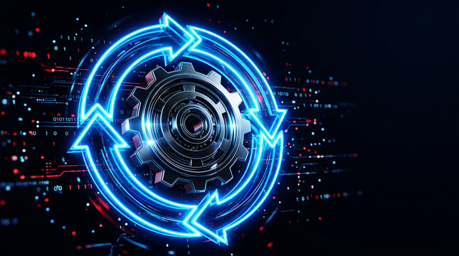 Metallic gear with glowing blue circular arrows and binary code cogwheel mechanical