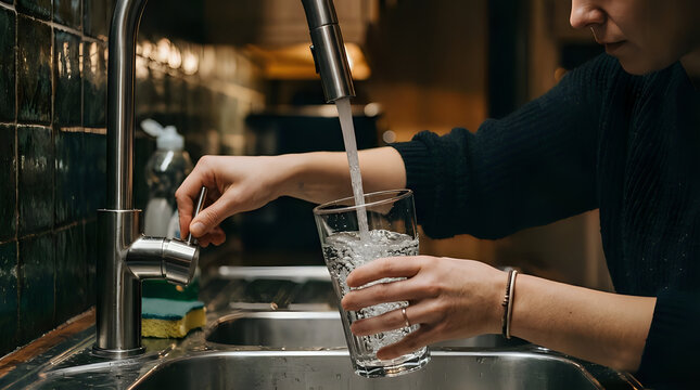 Woman filling a glass with water from a kitchen faucet with green tiles in the background and a sponge on the countertop nearby slowly.