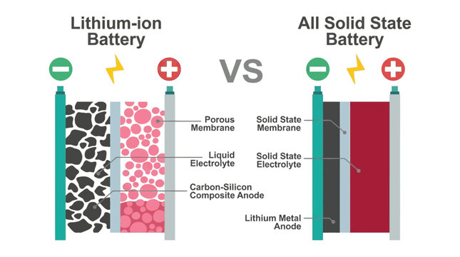 Lithium ion And All Solid State Battery Comparison Vector Illustration