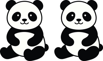 Adorable twin panda illustrations sitting together, cute black and white cartoon animals, minimalist design concept for children’s art and decor © MdMonowar