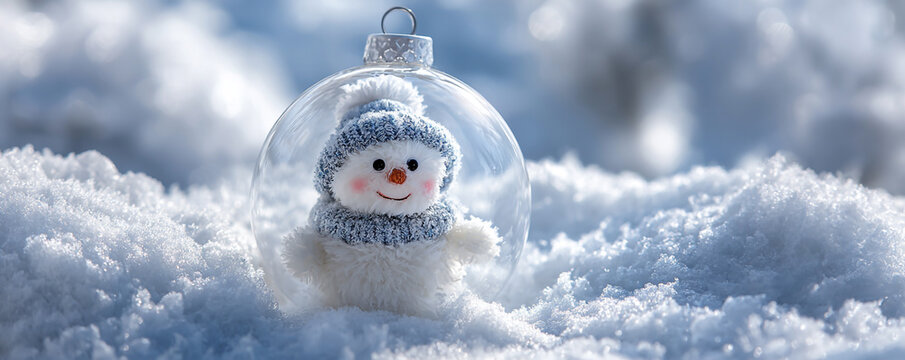 Cute snowman figurine inside snow-filled ornament resting in deep fluffy snowdrift, crisp white tones 32k