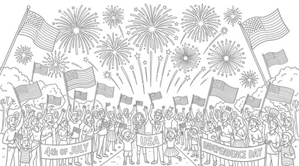 Fototapeta premium People celebrate with fireworks and flags in a festive outdoor event at night.