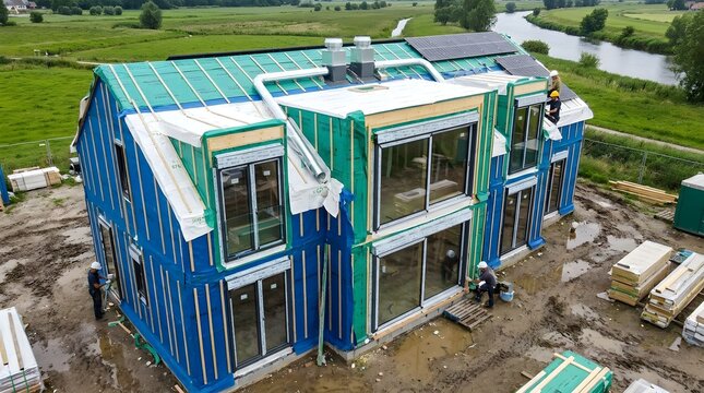 Modern sustainable house construction site, eco-friendly building with blue and green vapor barrier, energy efficient residential architecture