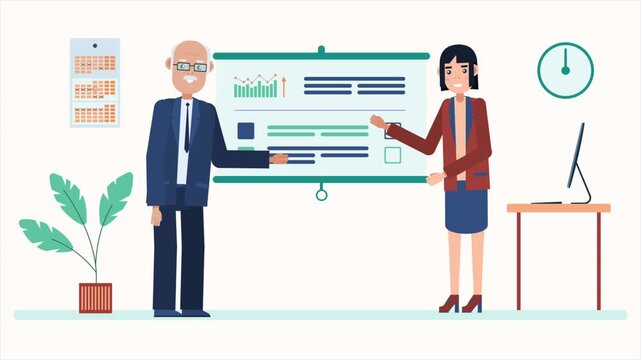 Professional business colleagues presenting financial data charts during a collaborative office team meeting animation video clip