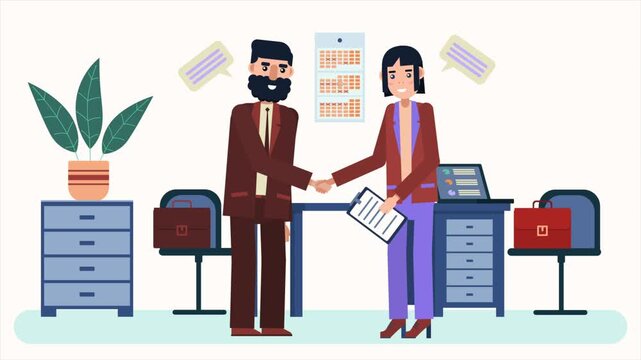 Business partners shaking hands during a professional office meeting in this colorful digital animation video clip