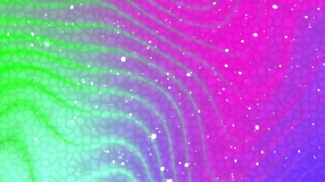 Vibrant futuristic background with green and purple gradient waves and particles.