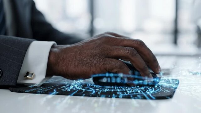 Hand using mouse black computer mouse technology digital data futuristic office business cyber network modern workspace desk closeup professional