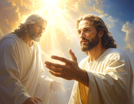 Two men in white robes with one gesturing