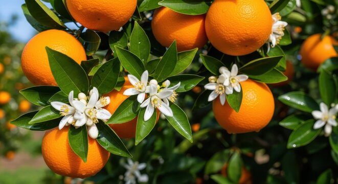 Fresh orange fruit on tree branch with white blossoms in sunny orchard, blossoms