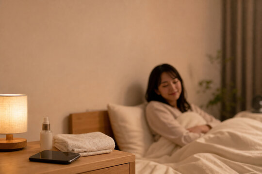 間接照明で照明を消す女性の夜スキンケア