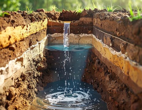 Cross-sectional view of groundwater recharge through rainwater harvesting, rainwater