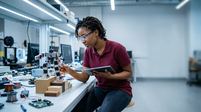 Young Black woman engineer testing humanoid robot in tech lab