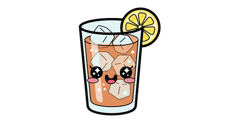 Obraz premium Cute iced tea drink with ice cubes and lemon slice on white background 