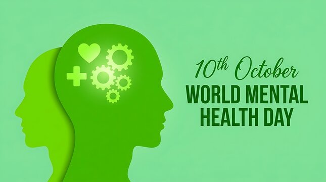 Mental health awareness day concept with brain illustration and heart icons on green background