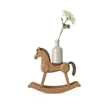 Rocking toy vase. A wooden rocking horse with a small vase on its back holds a flower (Lavatera trimestris), isolated