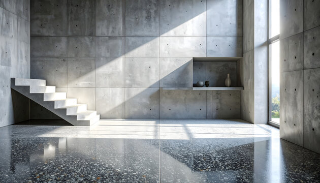 Brutalist residential interior look detailed and full of raw domestic concrete beauty dramatic aesthetic photography generative AI