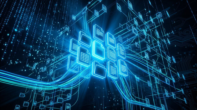 Abstract 3D digital data management visualization featuring glowing blue icons of folders and documents connected by network lines over a binary code background interface.