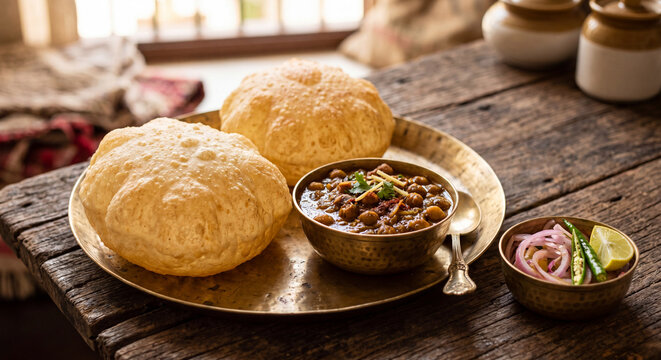 Authentic chole bhature with spicy chickpea curry and fluffy fried bhature on brass plate with pickled onions on rustic wooden table