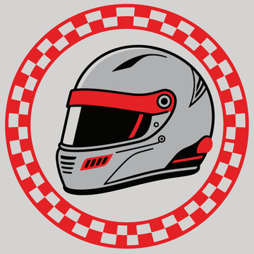 Professional racing helmet graphic design featuring a sleek metallic grey protective headgear with bold red accents enclosed inside a classic circular frame with black and white check red border patte