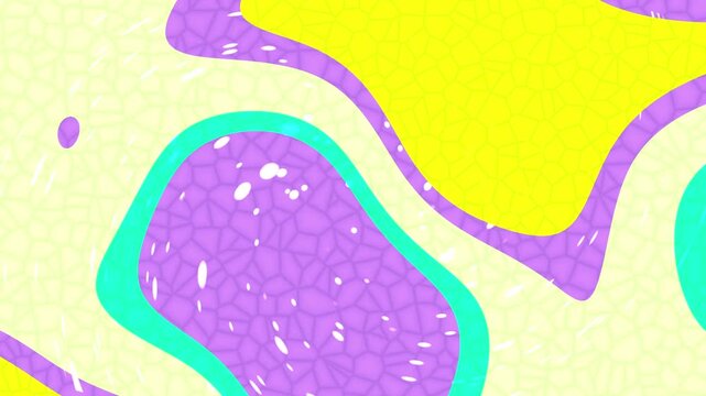 Abstract colorful background with organic fluid shapes in vibrant yellow purple and cyan colors with grainy texture.