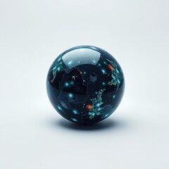 Fototapeta premium Glossy sphere depicts cosmic map. Blue, orange hues suggest nebulae, galaxies within reflective surface. Minimalist studio lighting.