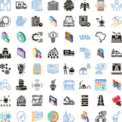 Fototapeta premium Diverse collection of line and isometric icons representing multiple themes including business, technology, nature, finance, education, health, and travel for digital design